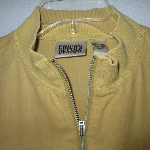 Chicos Design Women's Jacket Sz 2 100% Linen Full Zip Yellowl Bomber Pockets - Picture 5 of 11